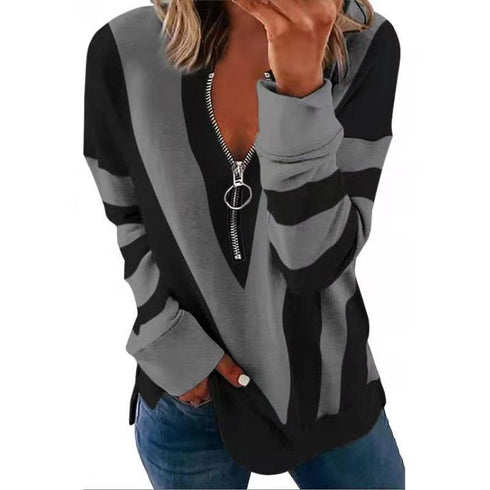 Fall winter v-neck zipper personality long sleeve sweater